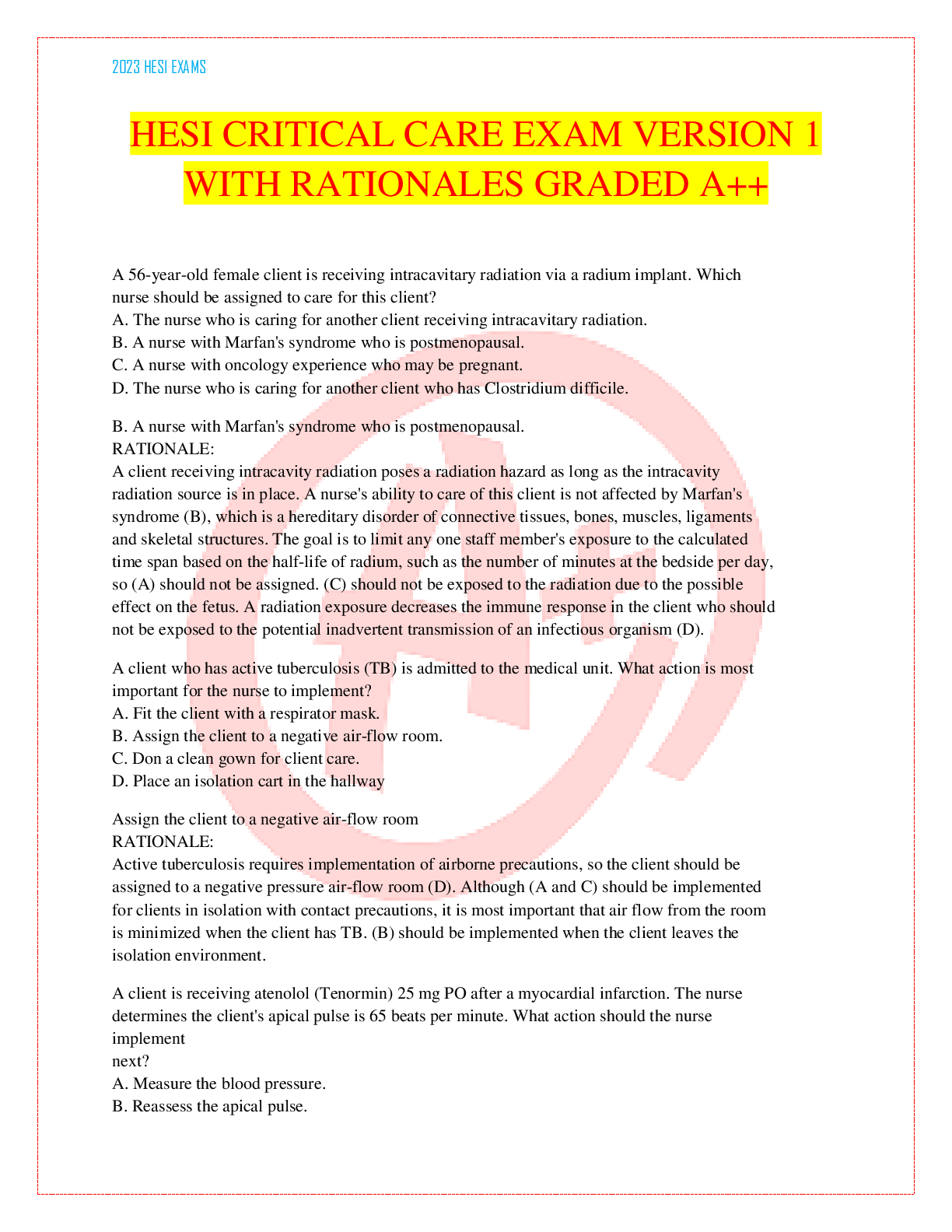 Preview image for HESI CRITICAL CARE EXAM VERSION 1 WITH RATIONALES GRADED A++